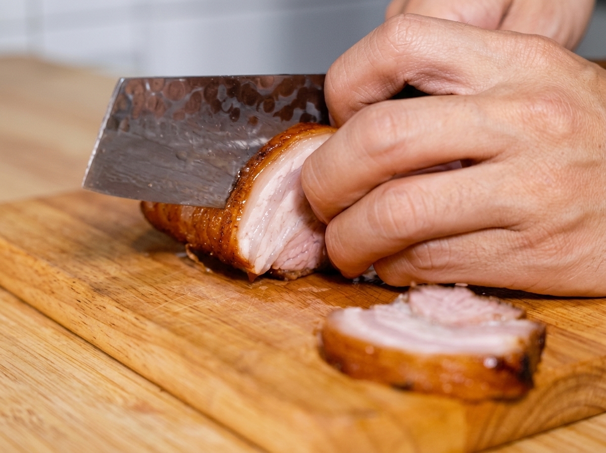 Hands using a cleaver to slice a rolled, braised piece of chashu pork into thick rounds on a wooden cutting board.