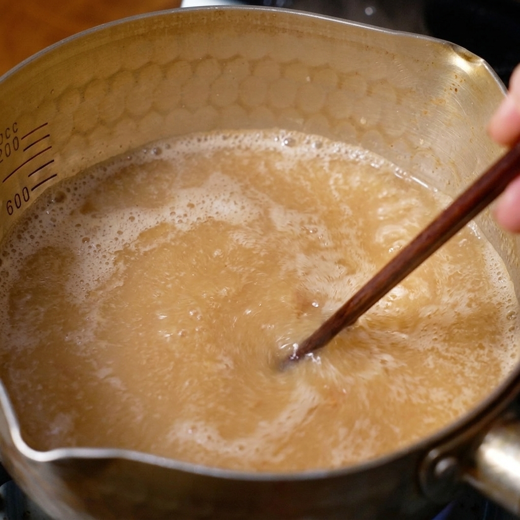 Wooden chopsticks stirring a pale, bubbling miso broth in a gold-colored measuring pot.