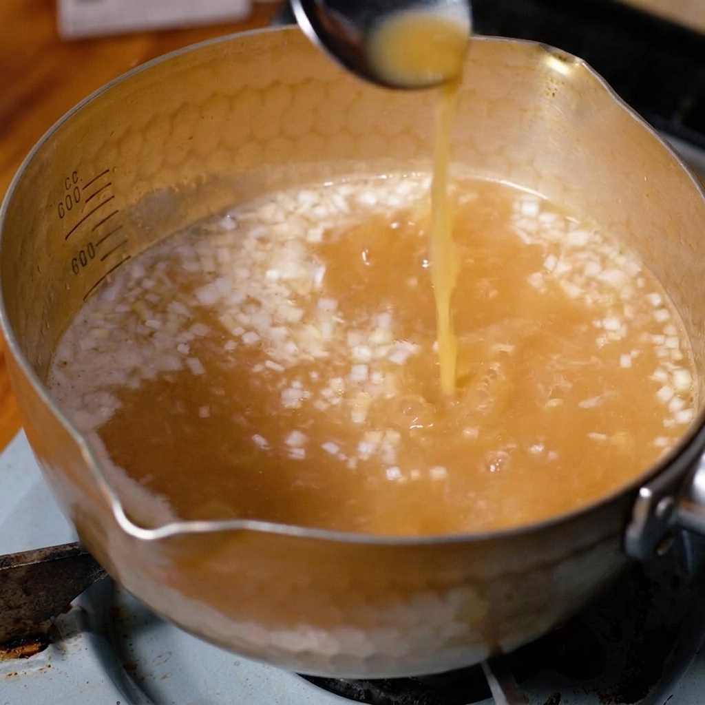 A spoon pouring a liquid with chopped white scallions and aromatics into a pot of hot miso broth.