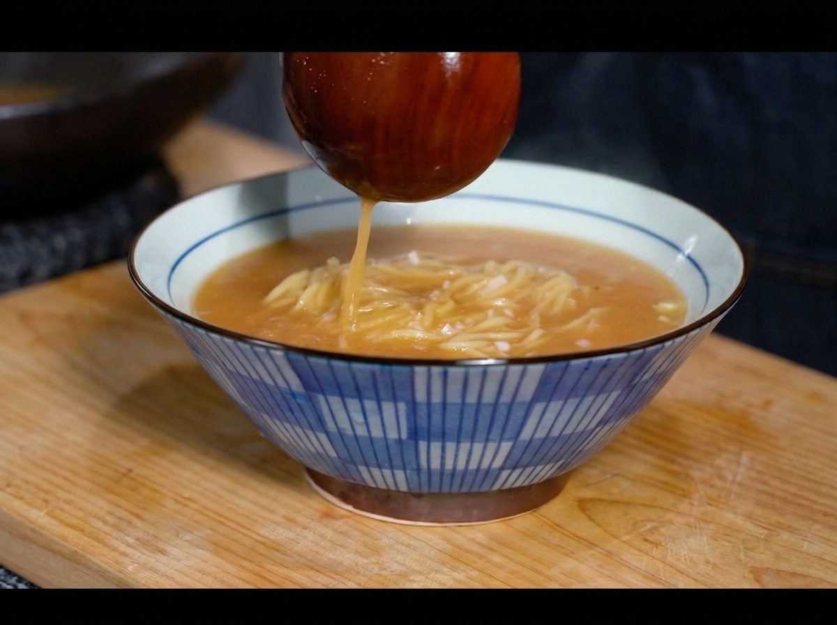 A wooden ladle pouring steaming hot miso broth over fresh ramen noodles in a blue and white checkered bowl.
