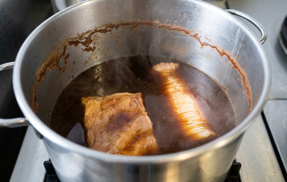Tied pork belly pieces gently simmering in a deep pot of rich, dark chashu marinade.