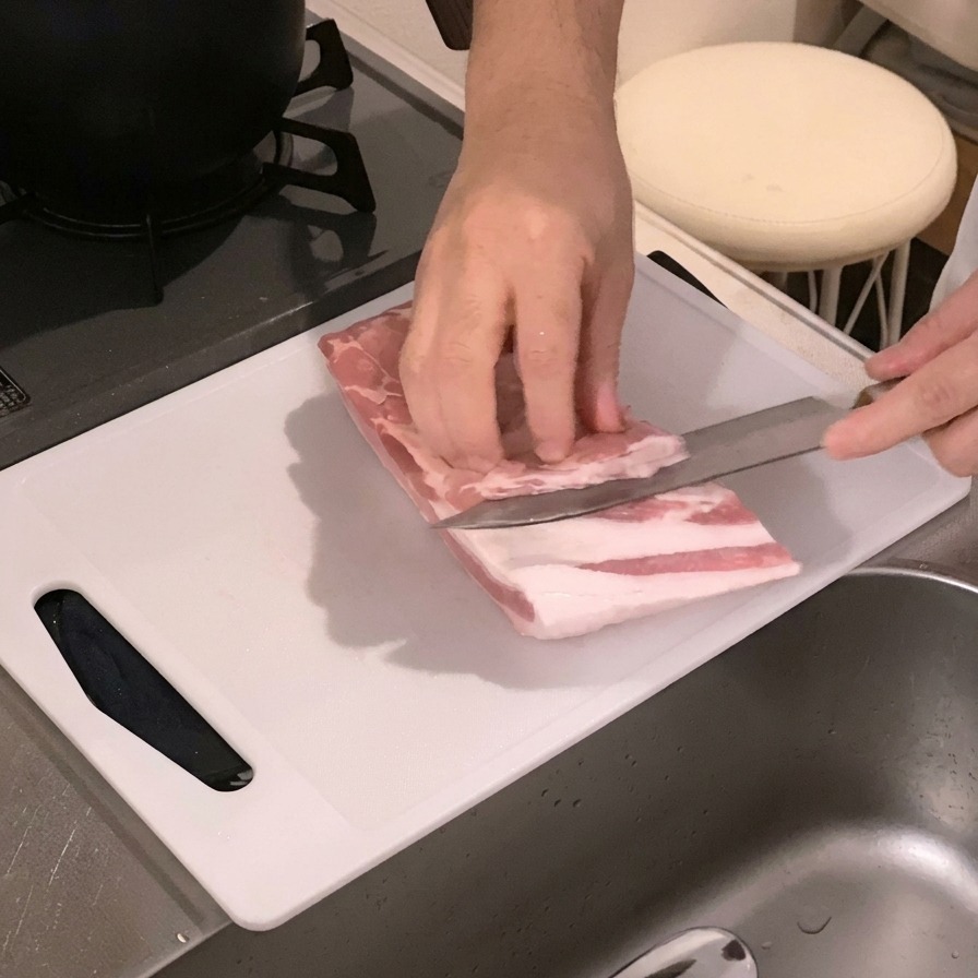 A persons hands scoring the inside of a raw slab of pork belly with a knife on a white cutting board.