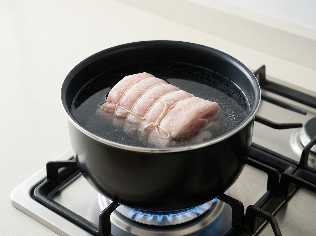 A cylindrical roll of pork belly tied with cooking twine submerged in a pot of water on a gas stove.