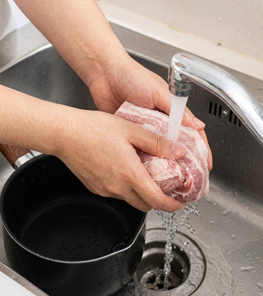 Hands rinsing a tied roll of parboiled pork belly under cold running water in a stainless steel sink.