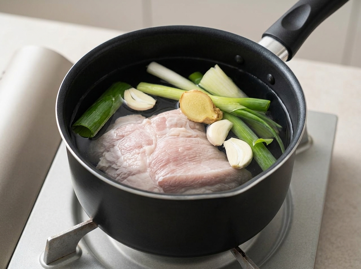 A block of raw pork belly submerged in a black pot of water alongside fresh green scallions, garlic cloves, and a slice of ginger.