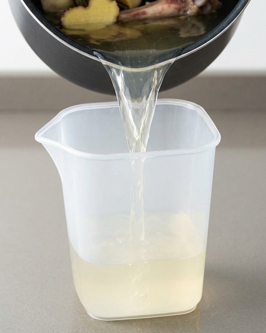Pale, slightly cloudy pork broth being poured from a cooking pot into a clear plastic measuring pitcher.