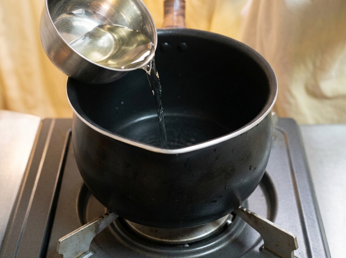 Clear liquid from a small metal measuring cup being poured into an empty black pot on a stove.