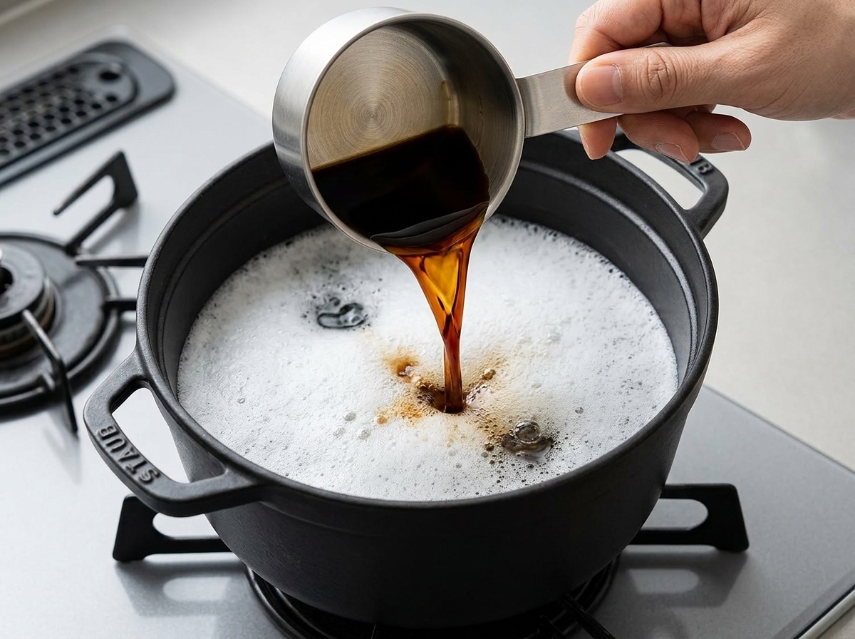 Dark soy sauce being poured from a stainless steel measuring cup into a pot of bubbling, frothy white liquid.