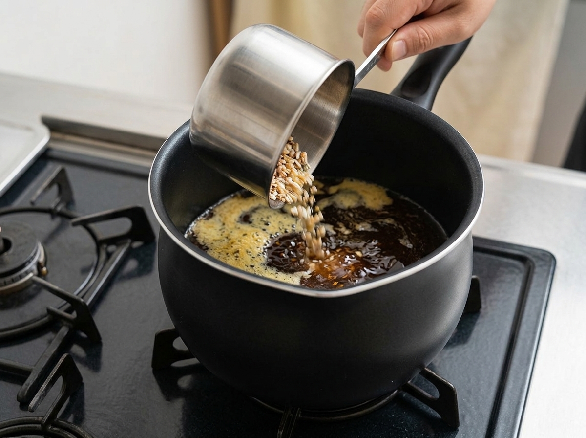 A person pouring coarse sugar from a metal measuring cup into a black pot of dark braising liquid on a stovetop.