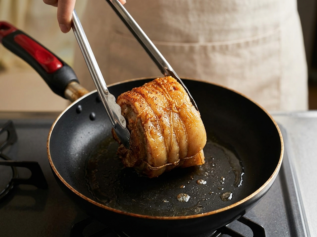 Metal tongs turning a tied, braised pork belly roll to sear it evenly in a hot, oil-free frying pan.