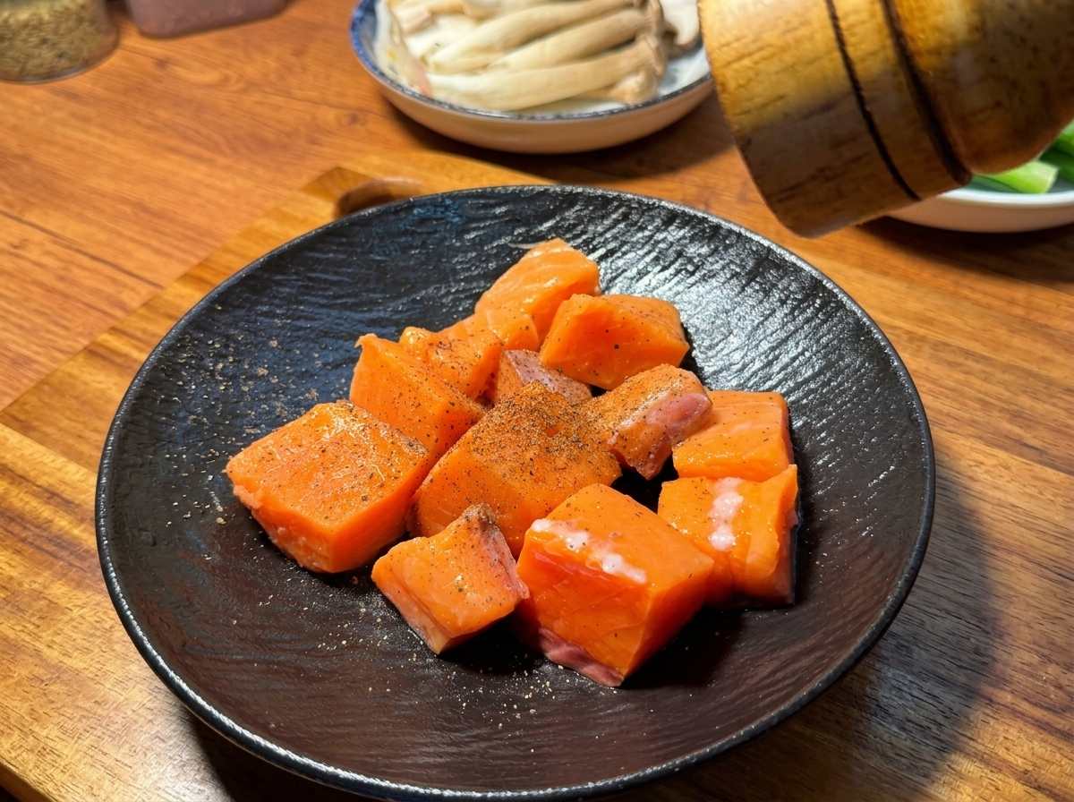 Grinding fresh black pepper and sprinkling sea salt over raw salmon chunks on a dark plate.