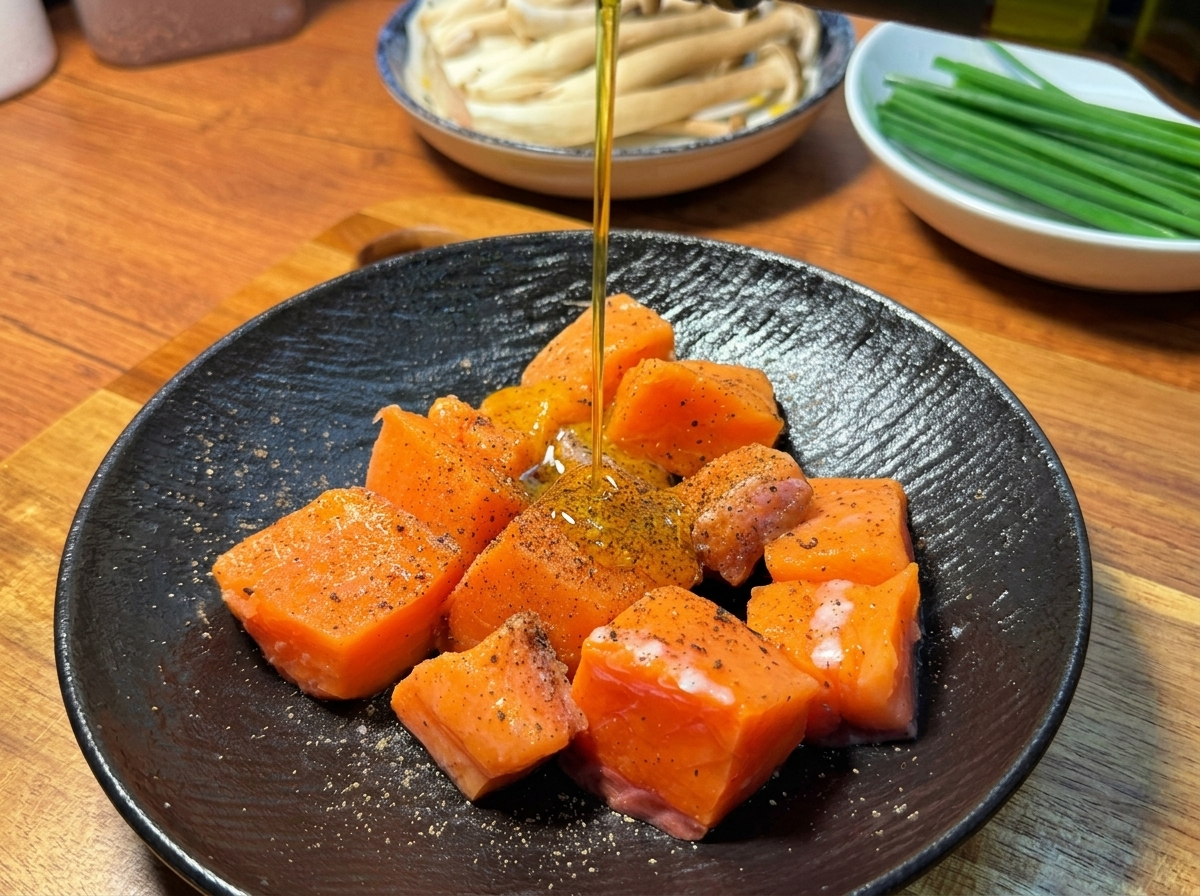 A thin stream of olive oil being poured over seasoned raw salmon chunks on a black plate.