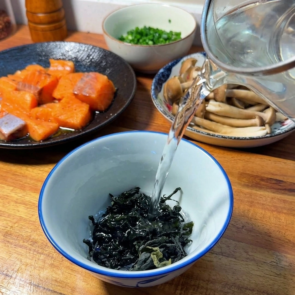 Pouring water from a clear pitcher over dried dark green wakame seaweed in a white and blue bowl.
