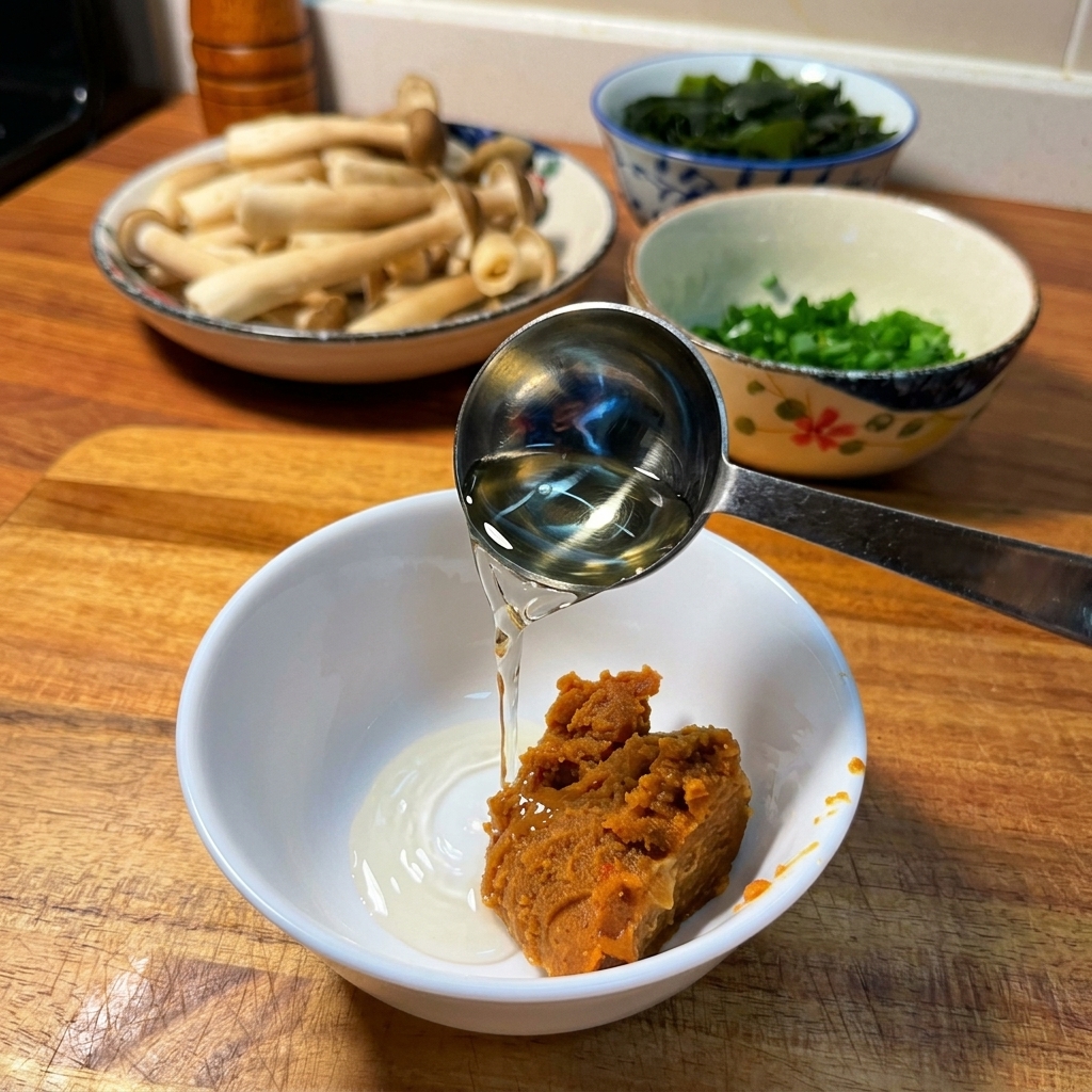 Pouring liquid seasoning into a white bowl containing miso and Korean chili paste.
