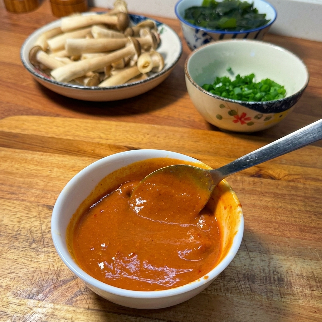 A smooth, dark red mixed spicy miso sauce in a small white bowl with a spoon.