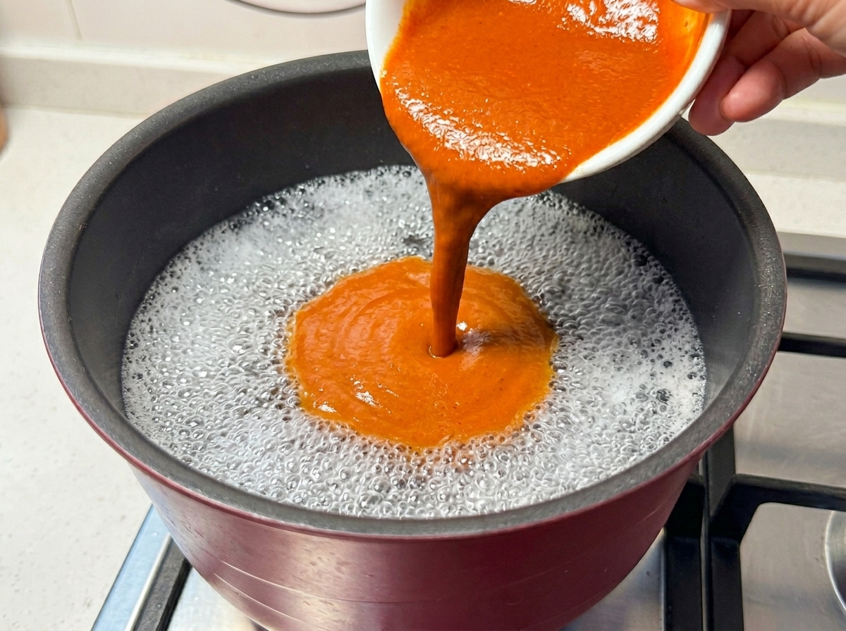 Pouring the rich, red spicy miso sauce into a pot of vigorously boiling water.