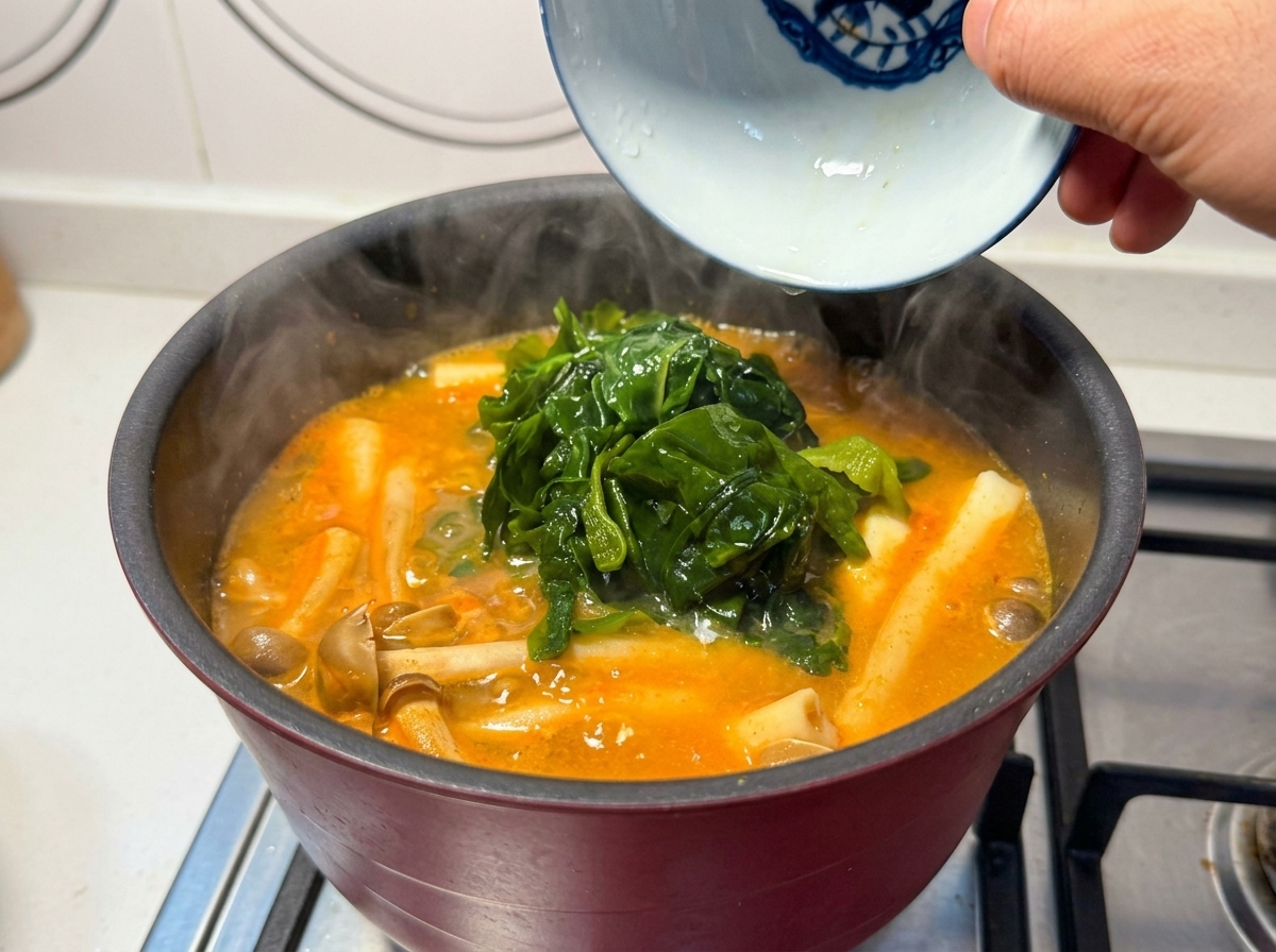 A hand pouring rehydrated wakame seaweed from a small bowl into a pot of simmering orange broth with mushrooms.