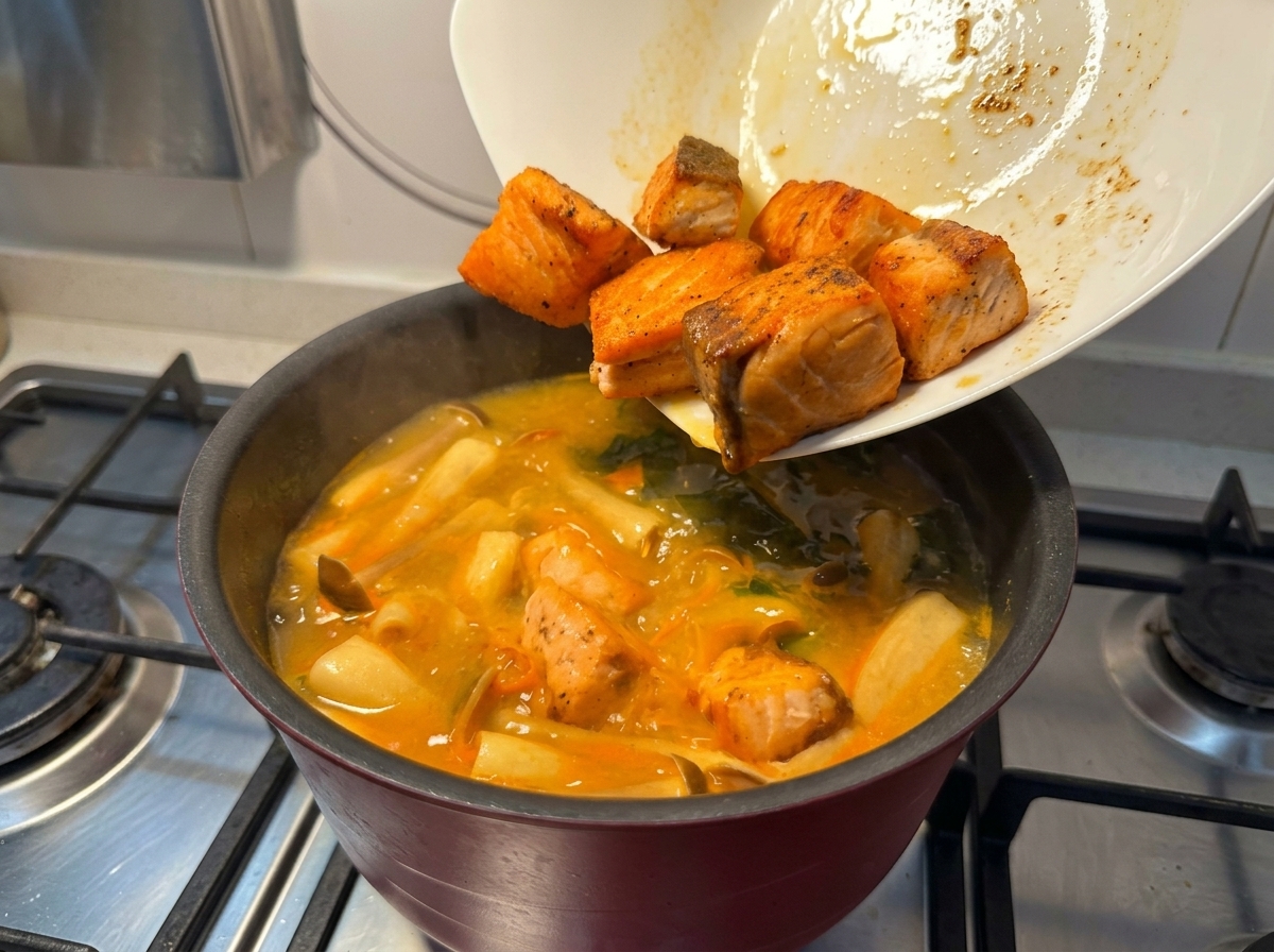 Golden brown pan-fried salmon pieces being slid off a white plate into a bubbling pot of orange miso soup.