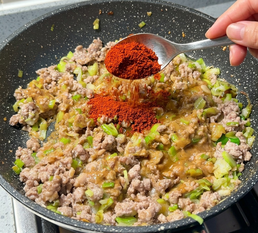 A metal spoon sprinkling bright red chili powder over a savory minced meat mixture cooking in a pan.