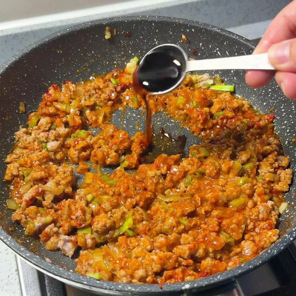 Hand pouring dark soy sauce from a measuring spoon into a pan of simmering seasoned minced meat.