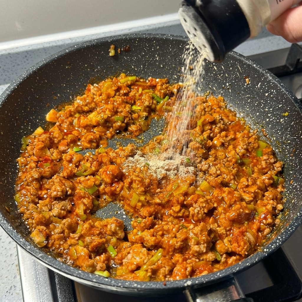 Hand shaking white pepper powder from a dispenser over a simmering, vibrant red meat mixture in a dark pan.
