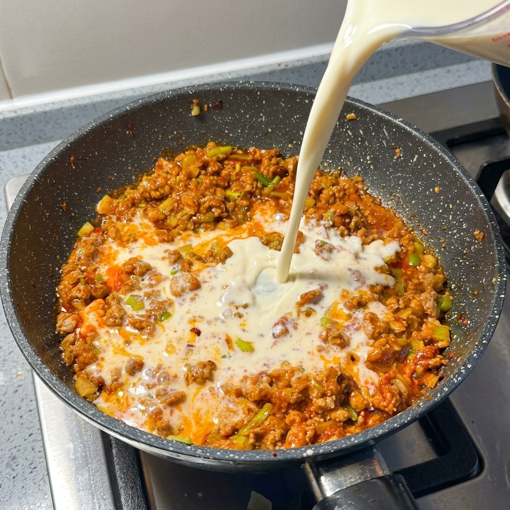 Pouring creamy white soy milk from a measuring cup into a pan of spicy, red minced meat sauce.