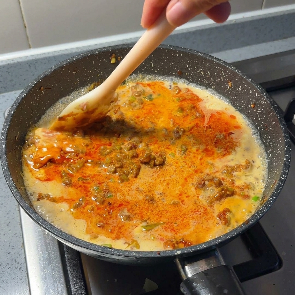 Stirring a rich, creamy, reddish-orange meat sauce in a dark pan with a spatula.