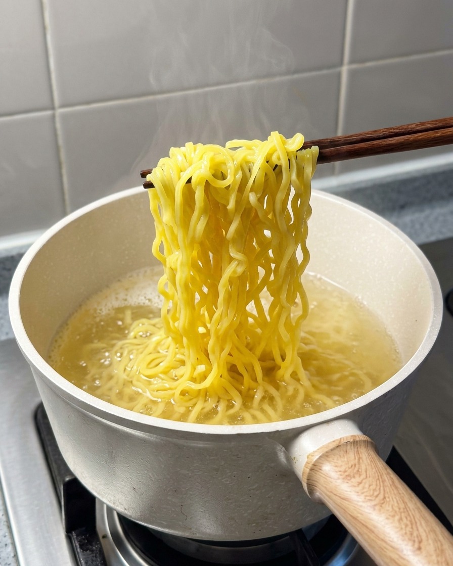 Lifting cooked, glossy yellow ramen noodles from a pot of boiling water using wooden chopsticks.