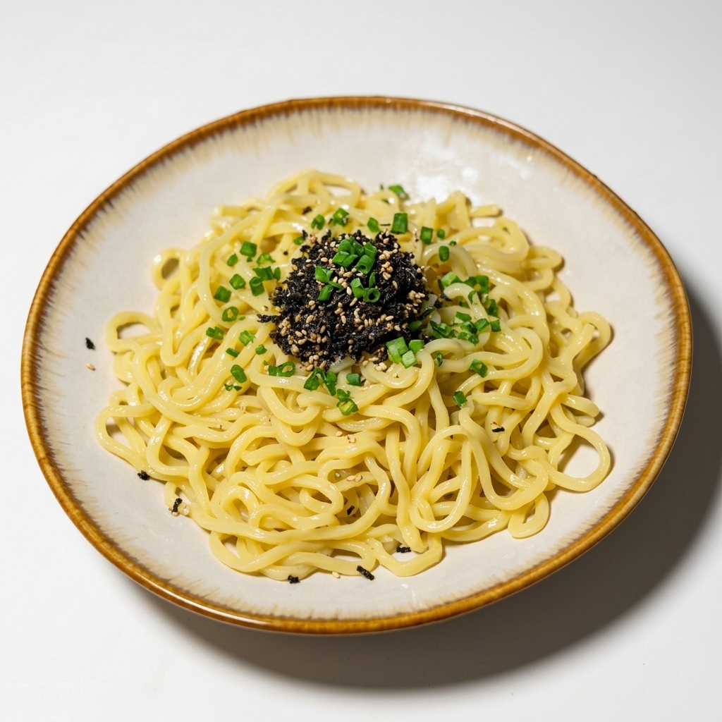 A plate of thick, yellow noodles garnished with a pile of black crushed seaweed and bright green chopped onions.