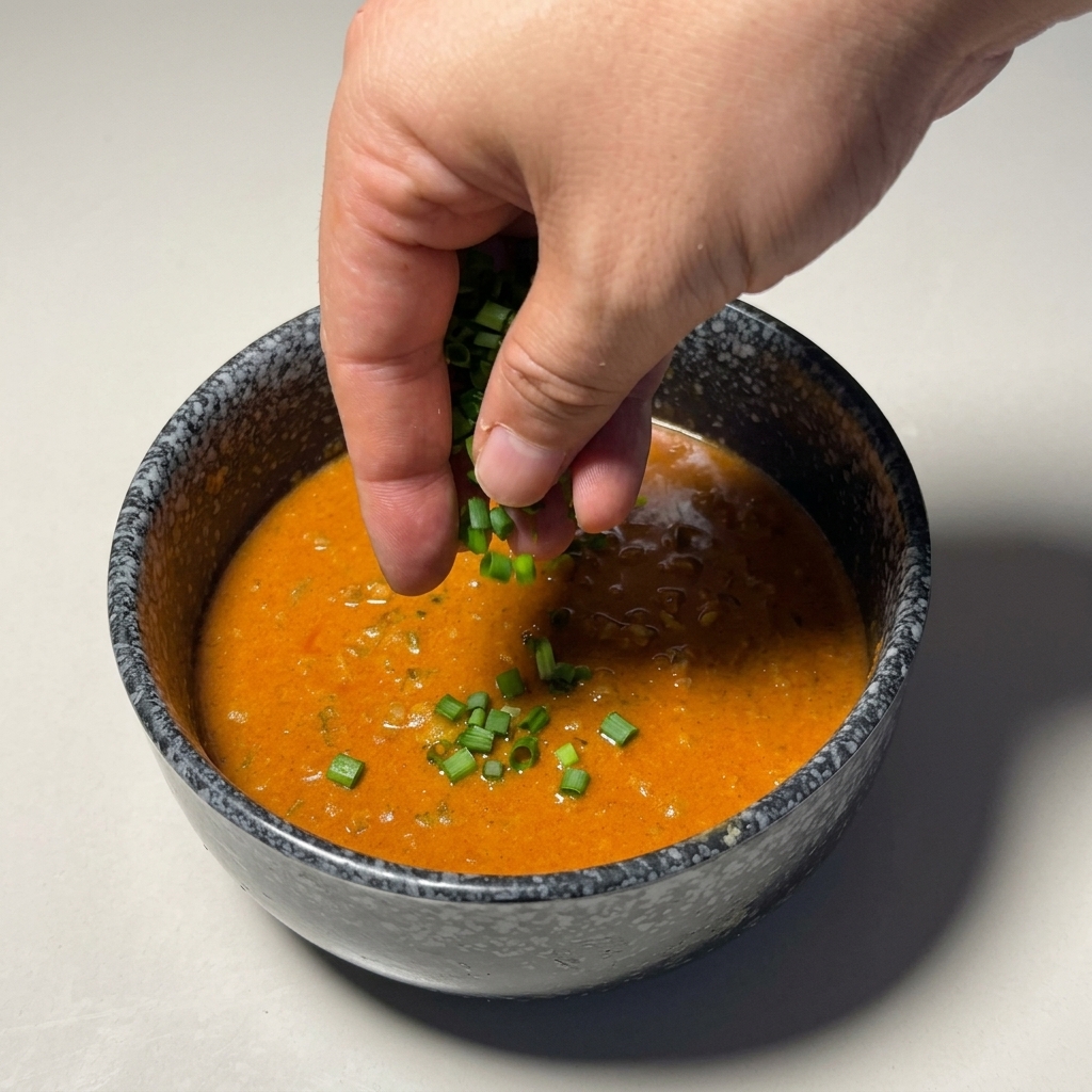 A hand sprinkling chopped green onions over a dark bowl filled with a thick, vibrant orange dipping sauce.