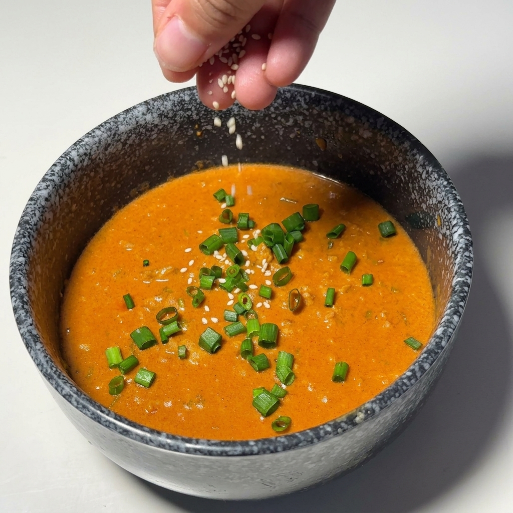 A hand dropping white sesame seeds into a bowl of orange dipping sauce topped with green onions.
