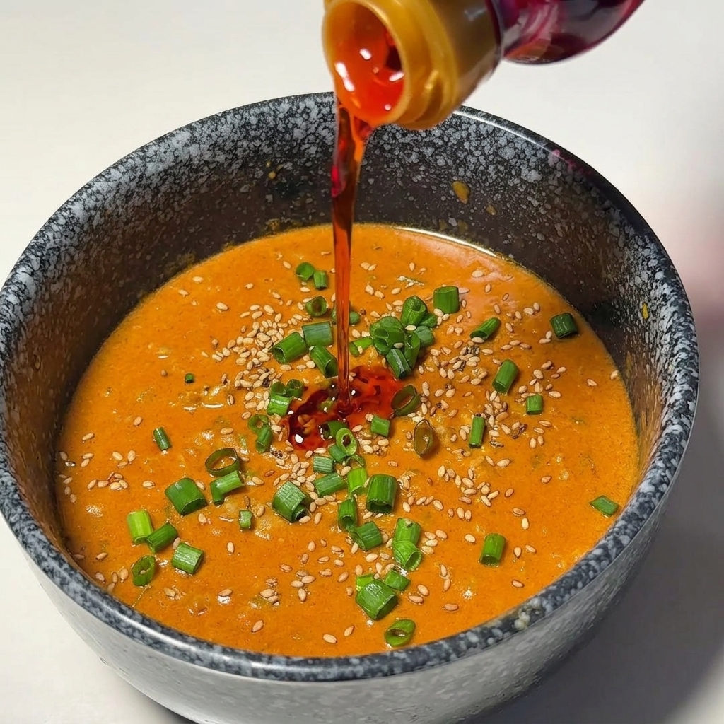 Bright red chili oil being poured from a bottle into a bowl of thick, creamy dipping sauce topped with scallions and sesame seeds.