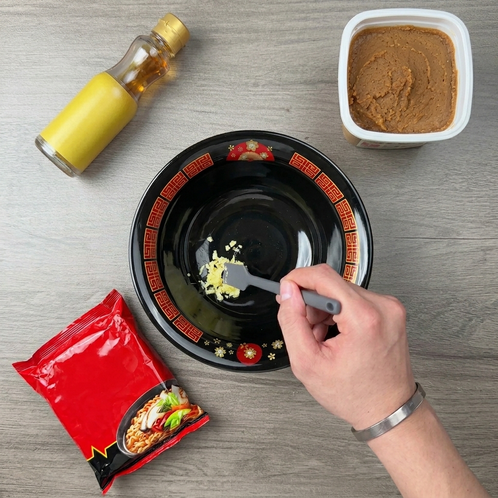 A black serving bowl with a small pile of minced garlic inside, placed next to a container of white miso paste and a bottle of sesame oil.