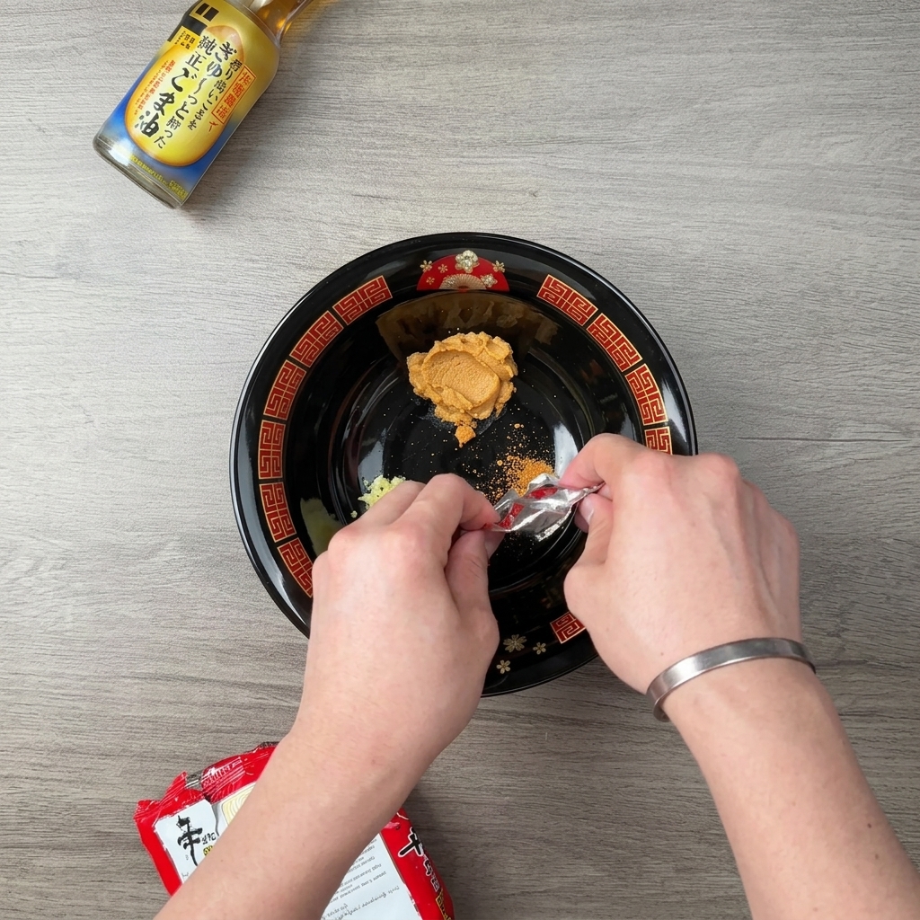 A person pouring red seasoning powder from an instant ramen packet into a black bowl containing minced garlic and a scoop of miso paste.