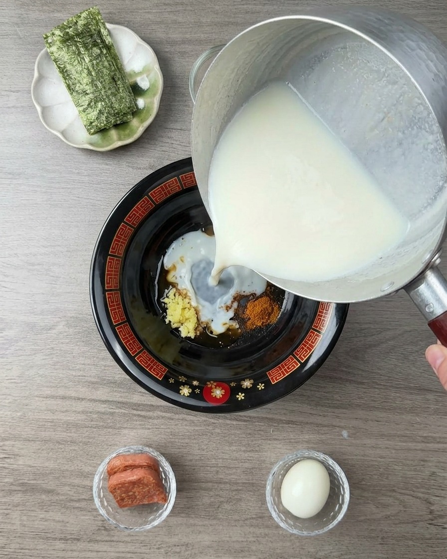 Hot, opaque milky broth being poured from a cooking pot into a serving bowl over a mix of seasonings.