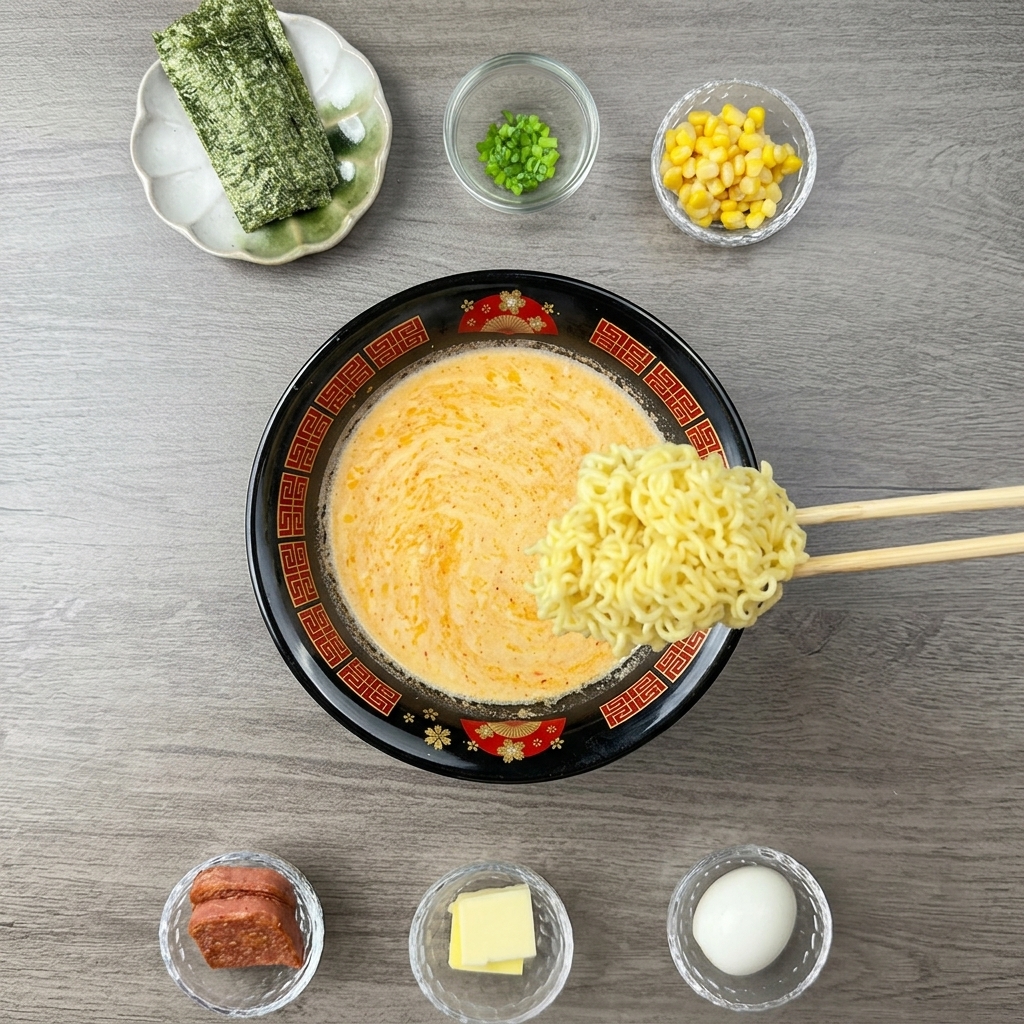 A clump of wavy cooked ramen noodles being held above a bowl of creamy orange broth, surrounded by small dishes of toppings.