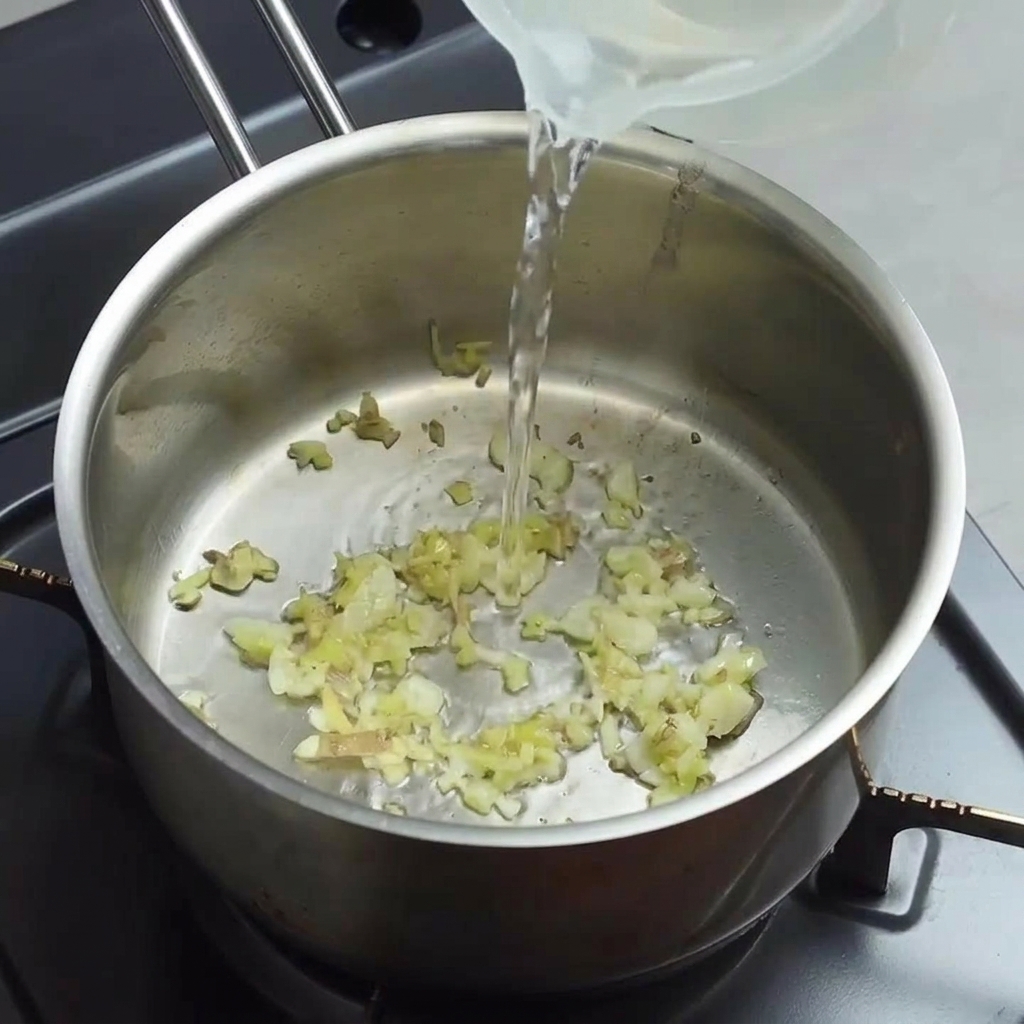 Pouring warm water from a clear pitcher into a stainless steel pot containing chopped ginger and garlic.