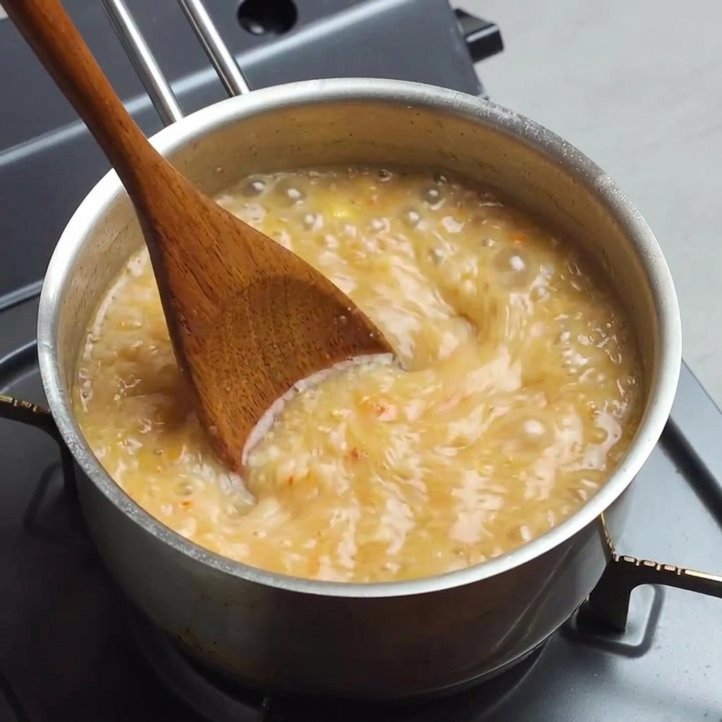 A wooden spoon stirring a bubbling orange spicy broth in a metal pot on the heating stove.