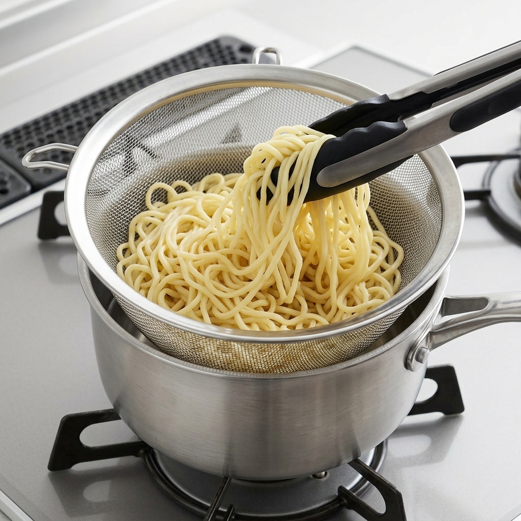 Black tongs lifting cooked yellow ramen noodles into a stainless steel mesh strainer resting over a pot.