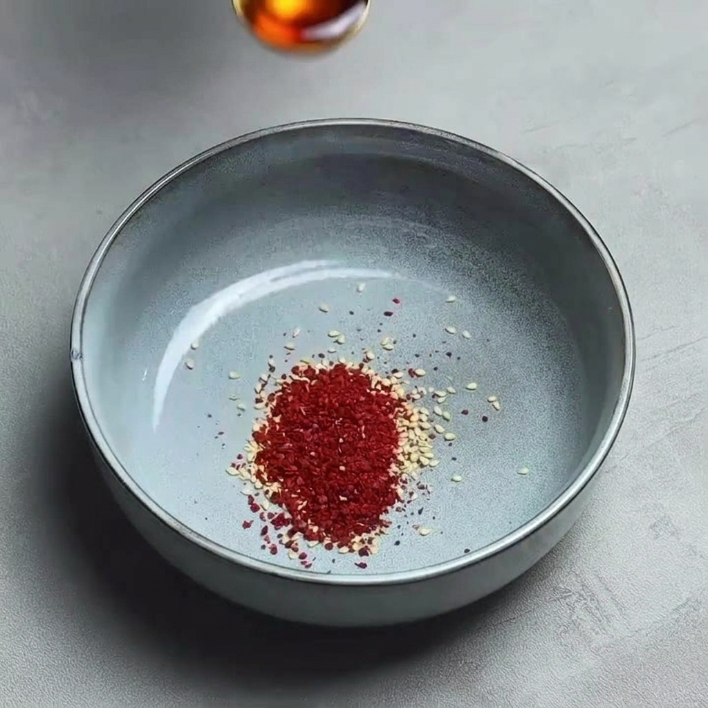 Red chili flakes and white sesame seeds in the center of a grey ceramic bowl, with chili oil being poured from above.