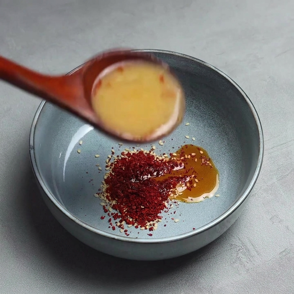 A wooden spoon pouring hot, cloudy broth into a gray bowl containing sesame seeds, red chili powder, and chili oil.