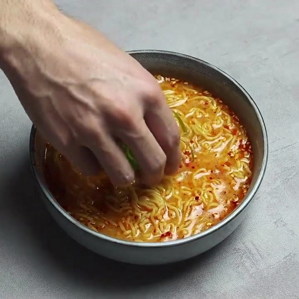 A hand placing freshly sliced green scallions into a steaming bowl of spicy miso ramen topped with chili oil and sesame seeds.
