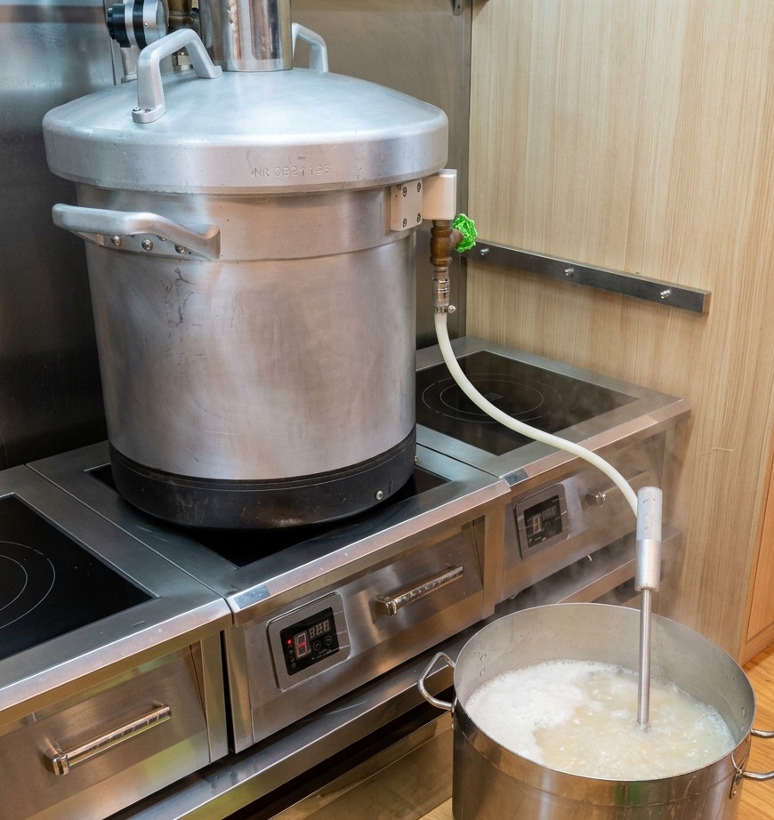 A large commercial stainless steel pot and system simmering tonkotsu pork broth.