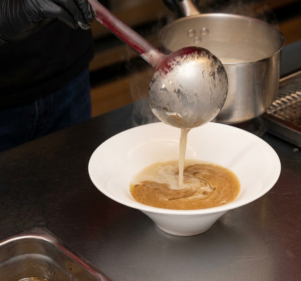 Hot, creamy pork bone broth being poured from a metal saucepan into a white ceramic bowl.
