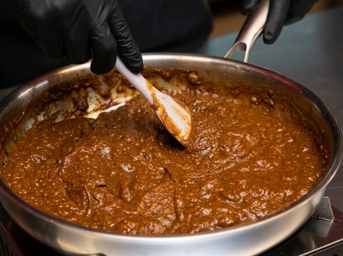 A thick, dark brown miso paste being stirred continuously in a stainless steel pan with a white spatula.