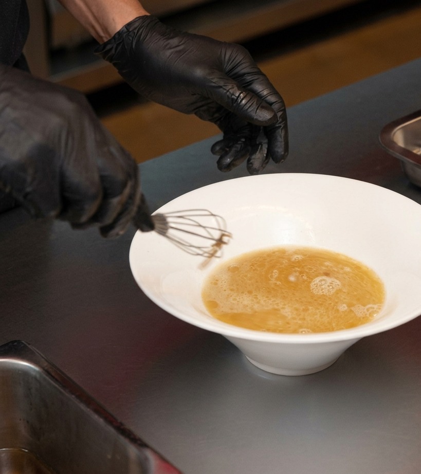Gloved hands using a small wire whisk to mix miso paste into hot pork broth in a white bowl.