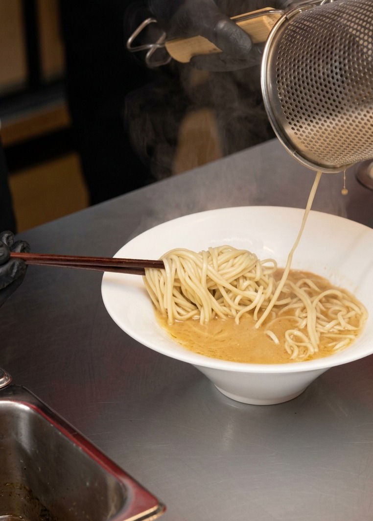 Freshly boiled ramen noodles sliding out of a cylindrical metal strainer into a bowl of hot miso broth.