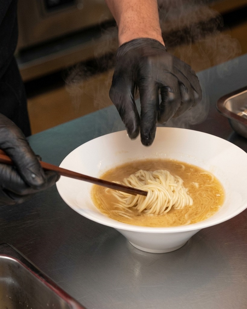 Wooden chopsticks carefully lifting and folding ramen noodles in a bowl of broth to arrange them neatly.