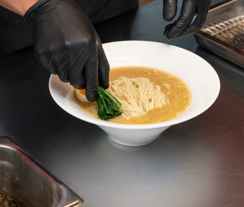 Black-gloved hands placing bright green spinach into a bowl of creamy miso ramen.