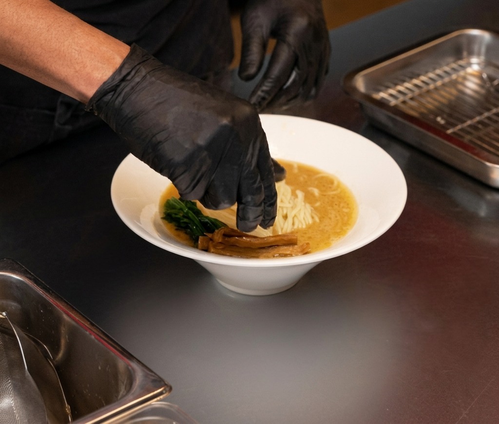 Black-gloved hands adding braised bamboo shoots to a bowl of ramen next to a bed of spinach.
